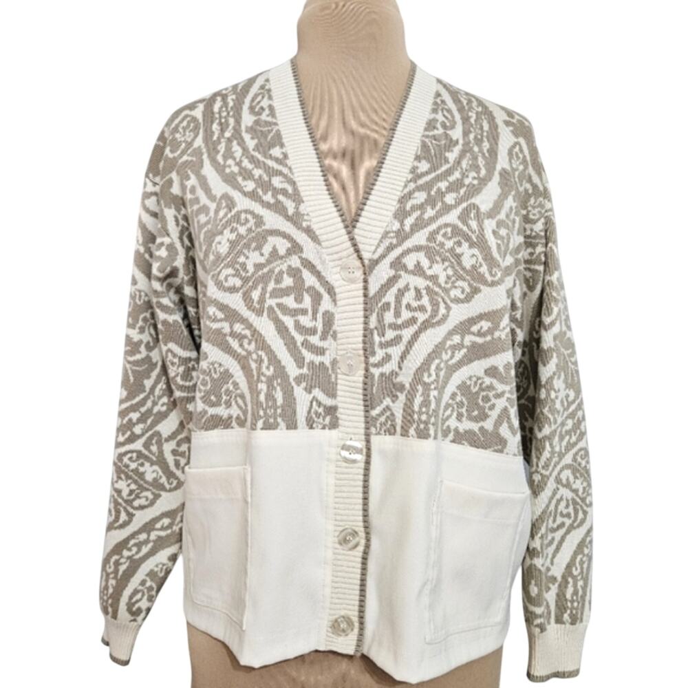 I.B. Diffusion Taupe and White Colorblock Cardigan Plunge V Neck Sweater Medium
